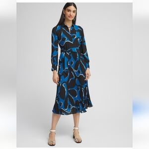 Chico's Pleated Tiered Shirt Dress Women Sz M-L Blue Black Long Sleeve Coastal